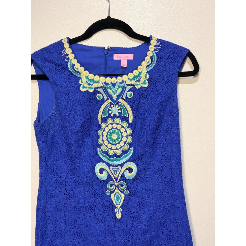 Lilly Pulitzer Valentia Shift Mini Dress 2 Blue Lace Embroidered Bib Sleeveless